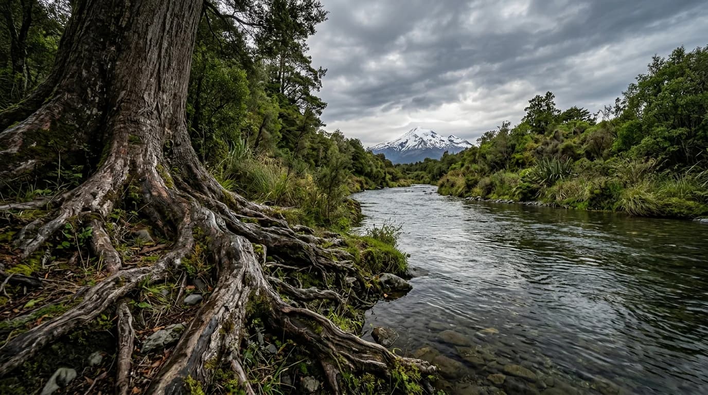 Moss-covered roots beside flowing water