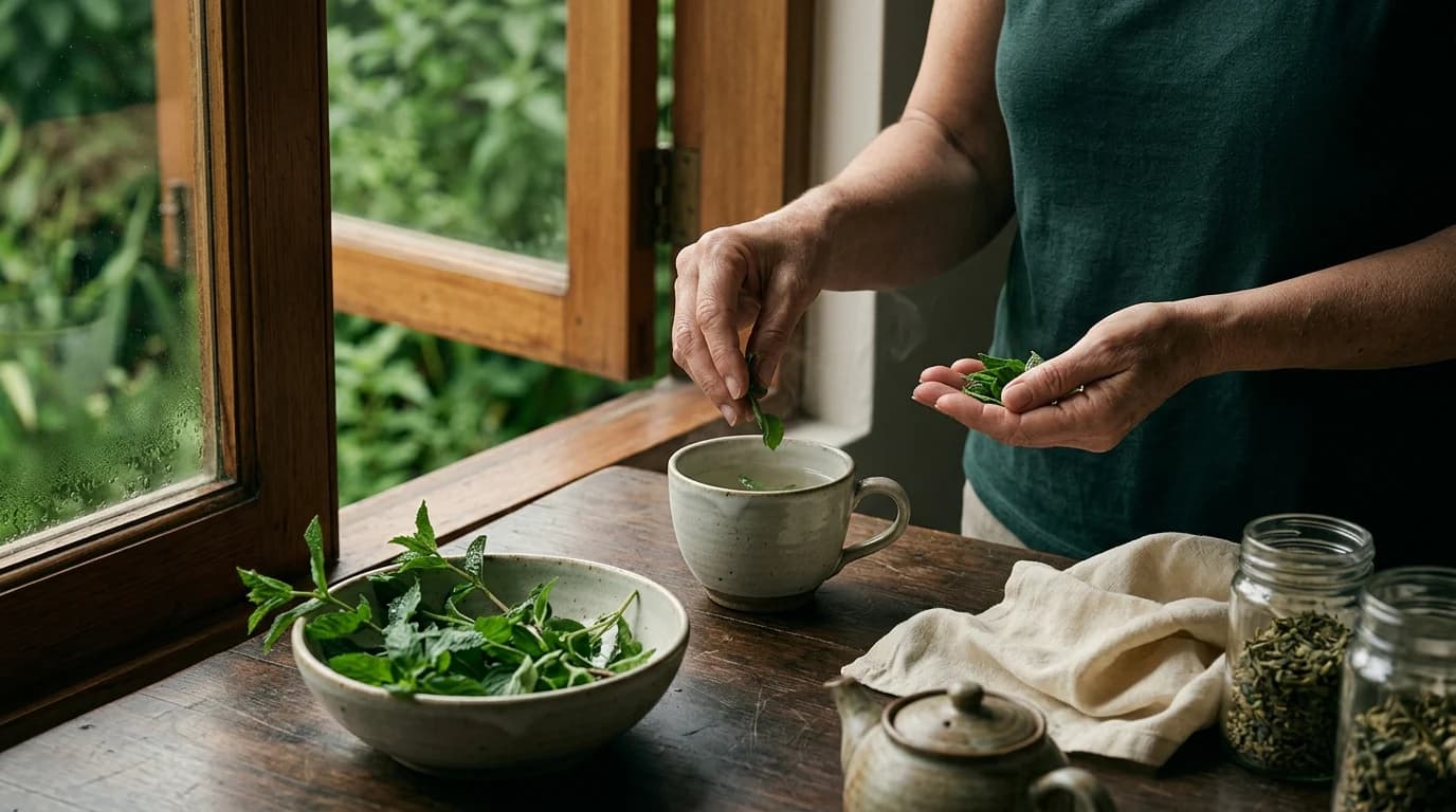 Hands holding medicinal leaves